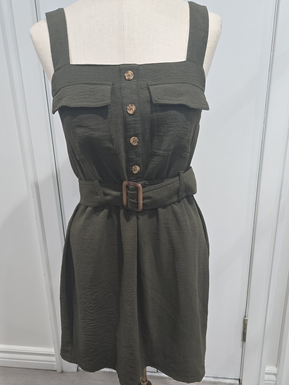 As U Wish Olive Green Button-Front Belted Military Mini Dress Size Medium